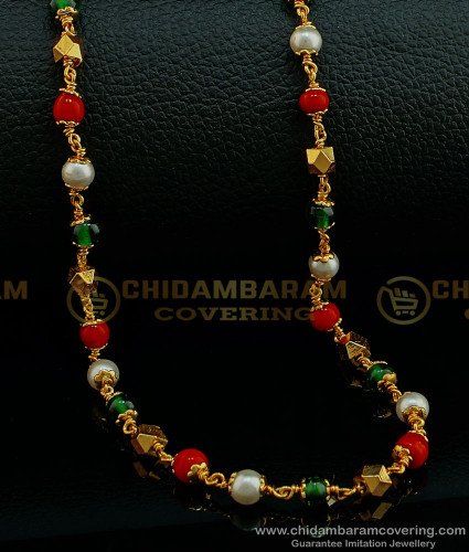 CHN193 - 1 Gram Gold Red Coral Pearl Mala Daily Wear beaded Chain Buy Online