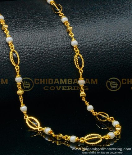 CHN225 - New Model Gold Plated Daily Use Black Beads with White Pearl Chain Online