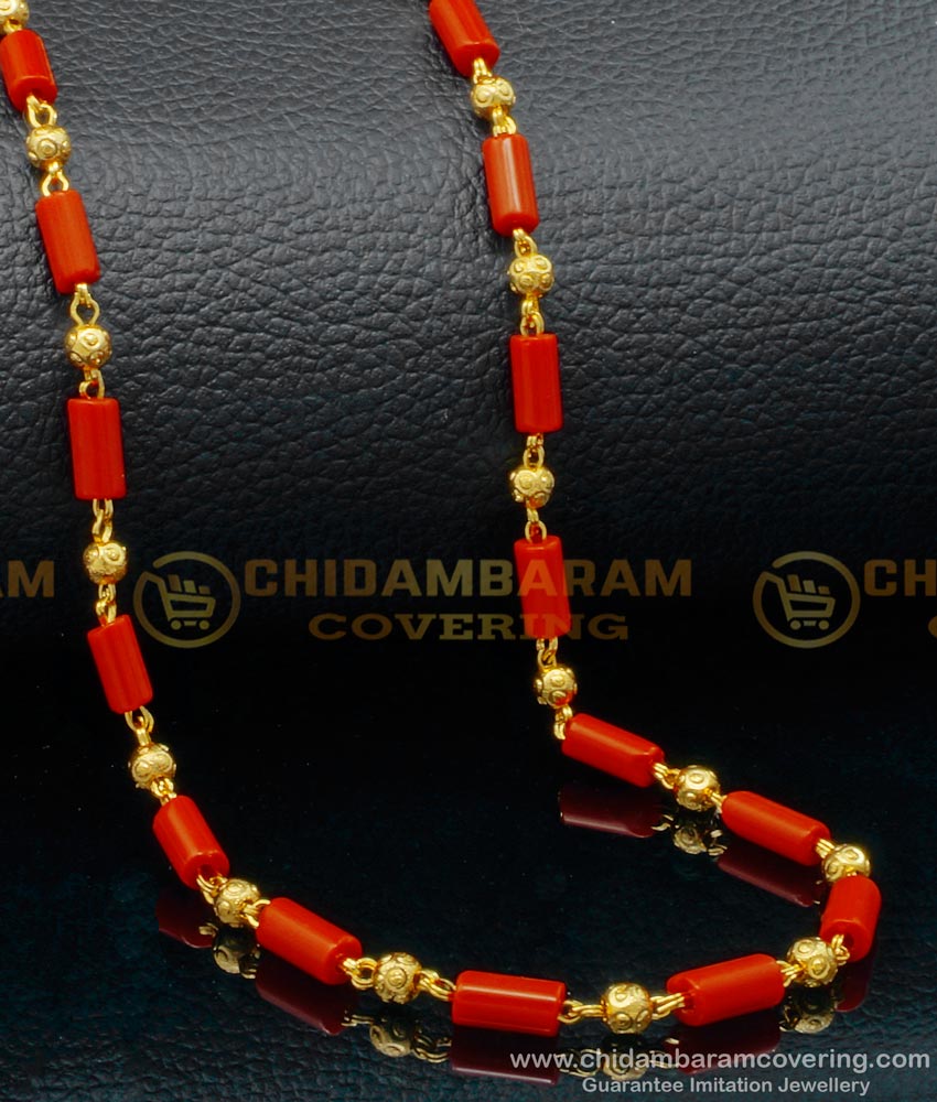 pavalam chain, sigappu pavalm chain, new model red beads chain, red coral chain, lal moti chain, 