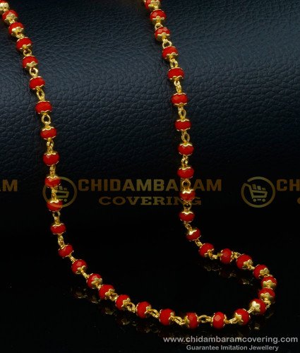 CHN253 - Trendy Red Beads Chain One Gram Gold Plated Light Weight Red Crystal Chain Designs