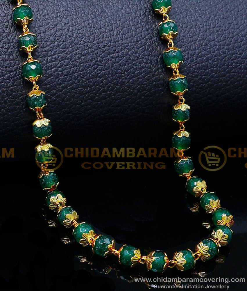 gold beads chain, long chain latest designs, gold emerald beads necklace designs, crystal chain, crystal beads chain designs, emerald beads chain