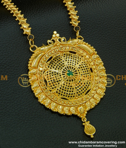 DCHN104 - Bridal Wear Attractive Look Big Gold Dollar Design Gold Plated Emerald Stone Pendant Chain Online