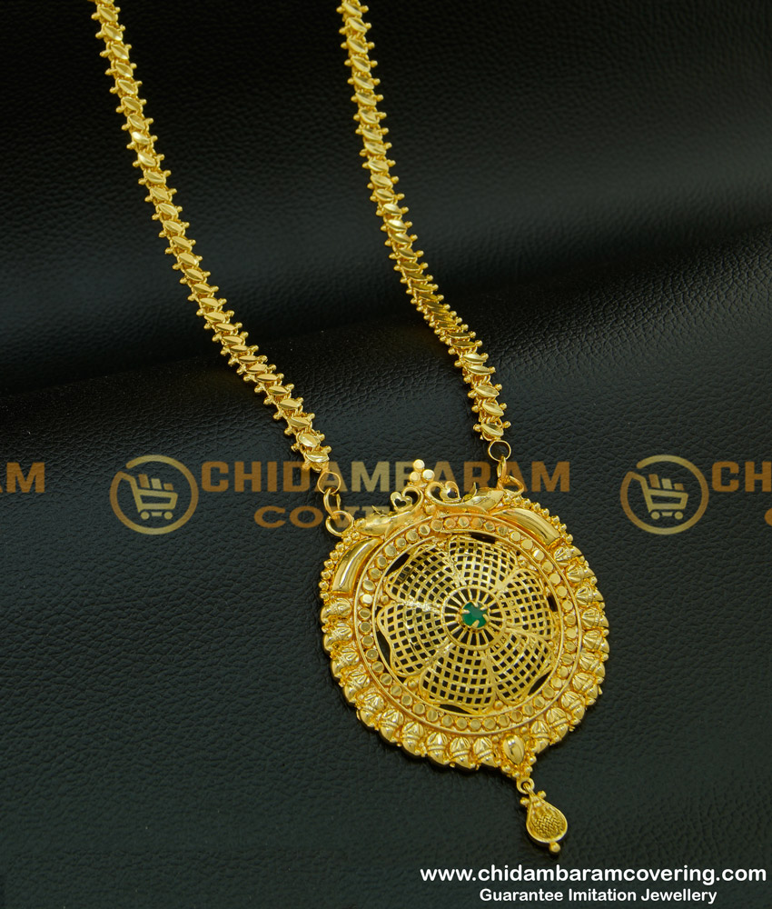 DCHN104 - Bridal Wear Attractive Look Big Gold Dollar Design Gold Plated Emerald Stone Pendant Chain Online