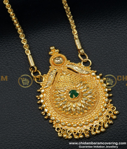 DCHN134 - Kerala Green Stone Gold Plated Big Dollar with Chain Gold Chain Designs for Ladies 