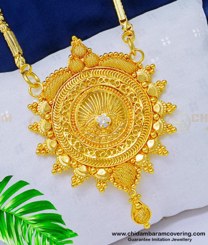 DCHN141 - Gold Design White Stone Big Round Locket Chain for Women 1 Gram Jewelry