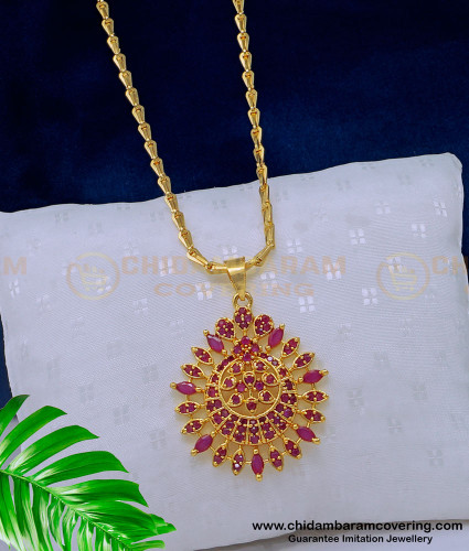 DCHN194 - Elegant Full American Diamond Ruby Pendant with Long Chain for Ladies