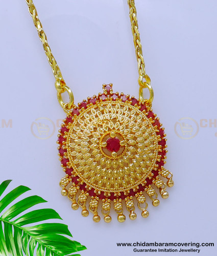 DCHN207 - 1 Gram Gold Ruby Stone Gold Dollar Chain Designs for Female