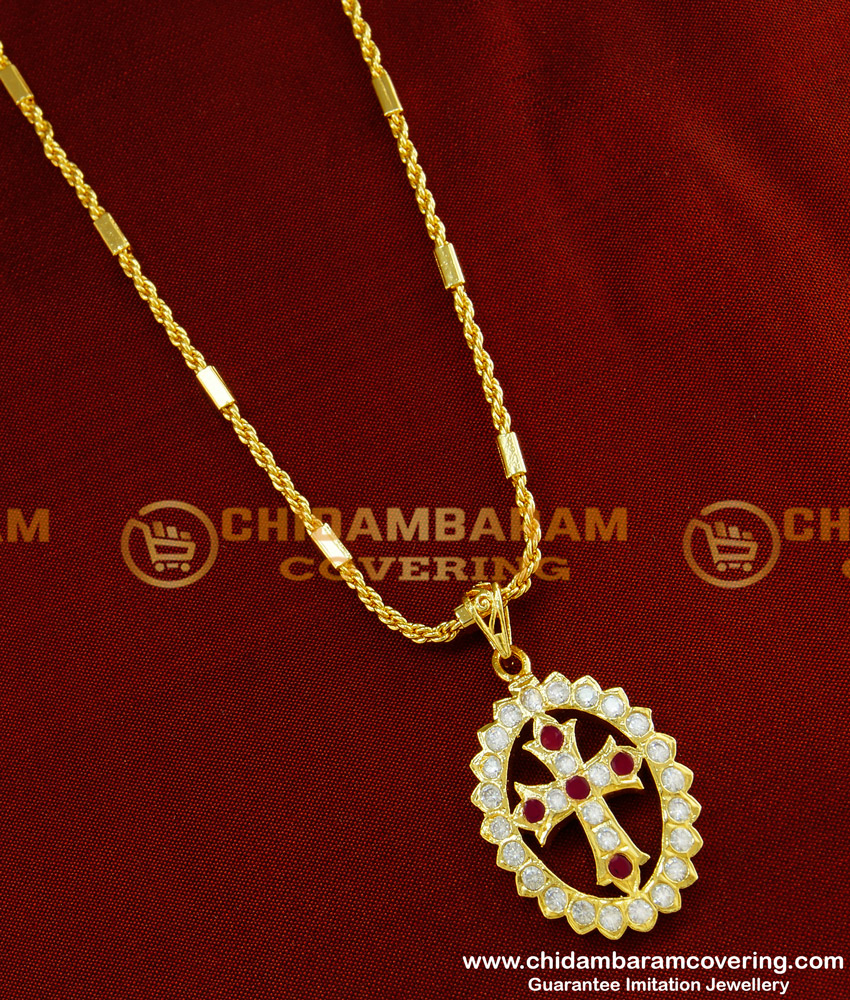 DLR033 - Impon Christian Cross Pendant Design with Kerala Chain Traditional Impon Jewellery Online