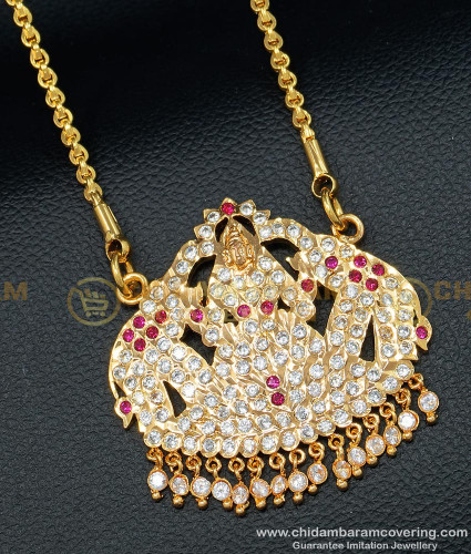 DLR092 - South Indian Dollar Chain Impon White and Ruby Stone Gajalakshmi Dollar With Chain for Women