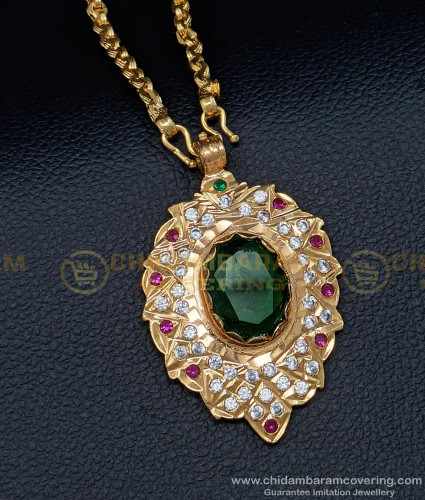 DLR107 - Impon Green Stone Big Dollar with Chain One Gram Gold Five Metal Jewellery