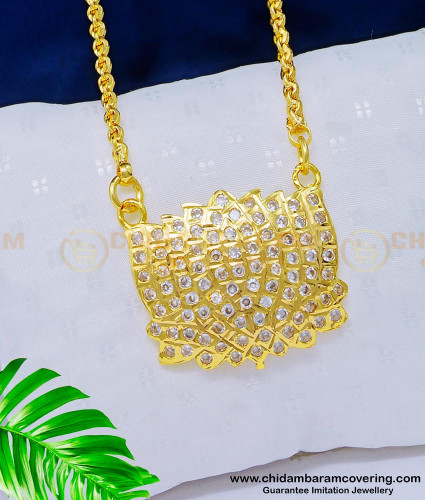 DLR116 - South Indian Jewellery Gold Plated Impon White Stone Lotus Design Pendant with Chain 