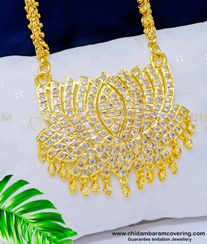 DLR127 - Sparkling White Stone Impon Louts Design Gold Pendant Pattern with Chain South Indian Jewellery
