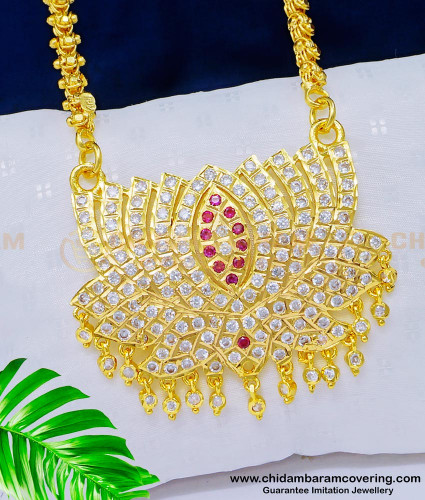 DLR128 - Traditional Big Gold Pendant Design Impon Louts Flower White and Ruby Stone Dollar Chain Online 
