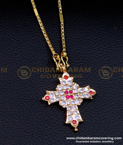 DLR195 - Impon Christian Cross Pendant Gold Design with Long Chain