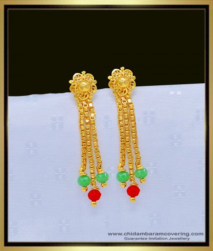 ERG1069 - Beautiful Flower Design Green and Red Crystal 3 Line Hanging Beads Earrings Designs Online