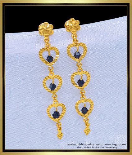 ERG1085 - One Gram Gold Black Crystal Long Danglers Hanging Earrings Design Online