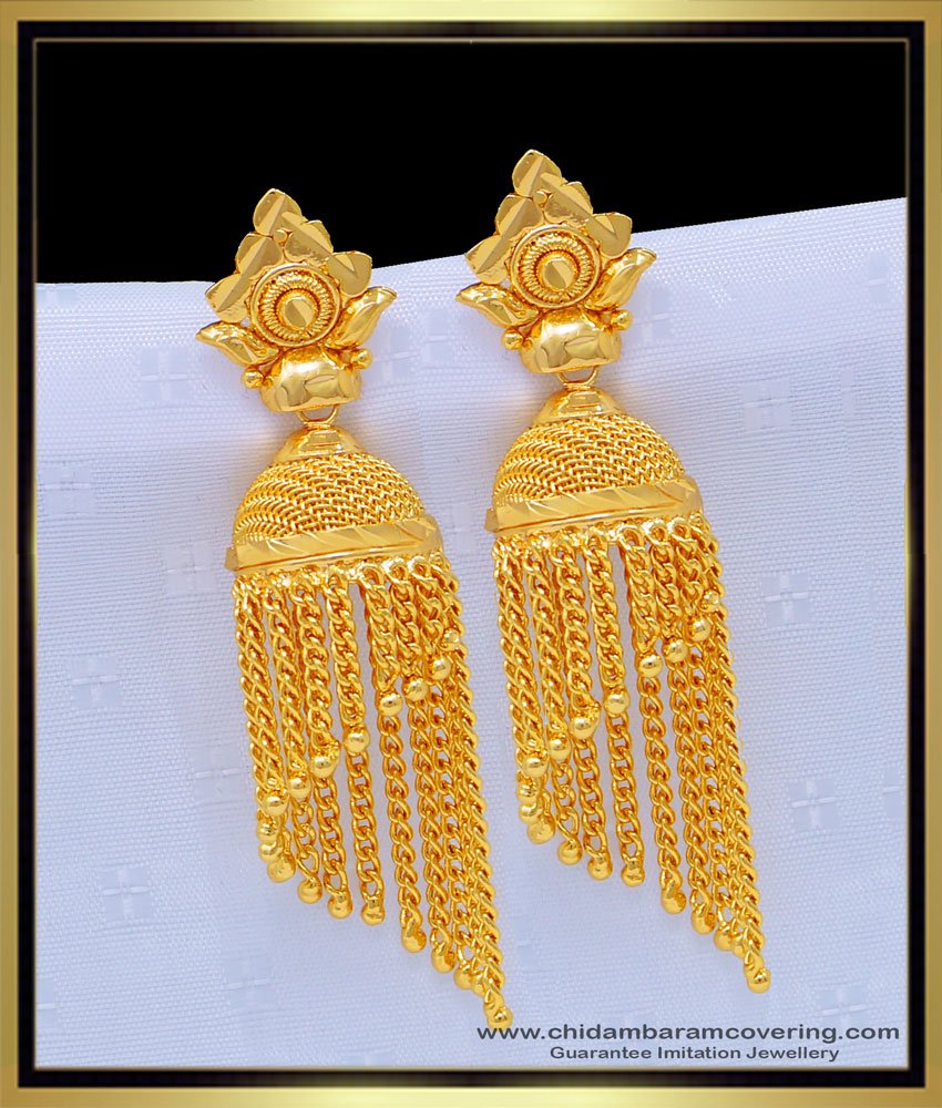 gold earring, thodu design, stunning gold jimiki, new model earring, chain type earring, one gram gold jewellery, gold plated jewellery, 1 gram jewellery,