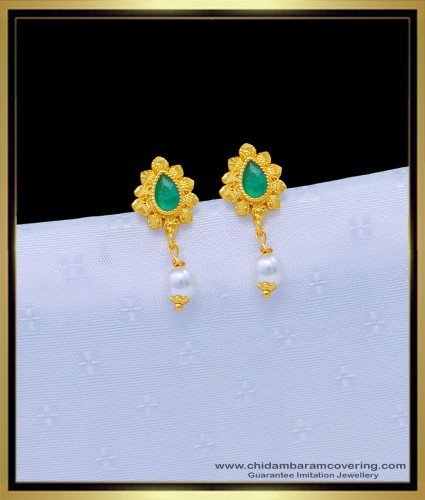 ERG1106 - Latest One Gram Gold Emerald Stone with Pearl Drops Earrings for Girls