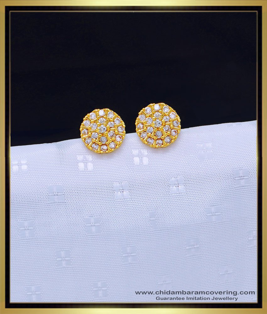 gold design earring, new model earrings, one gram golf ear studs, gold plated earrings, white stone earrings, gold covering earrings, 