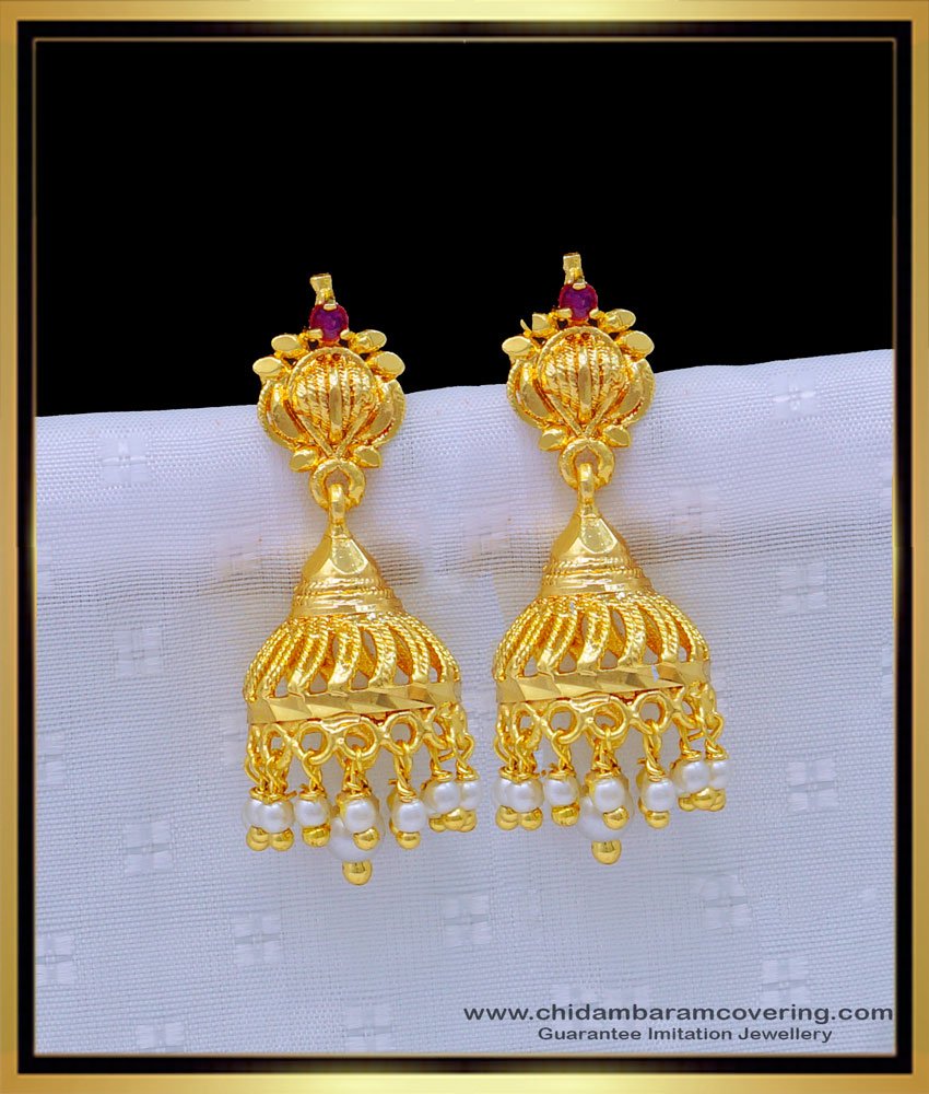 earring, gold covering earring, one gram gold guaranteed jewellery, gold plated jewelery, pearl earrings, pearl jhumkas, muthu thodu, 