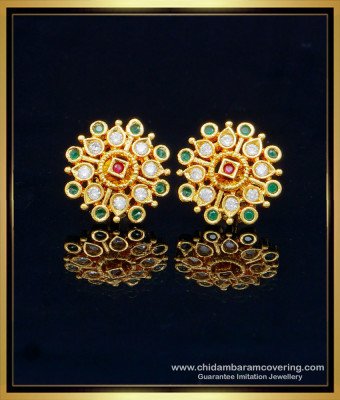 ERG1283 - One Gram Gold Plated Ruby Emerald and White Stone Earrings Designs 