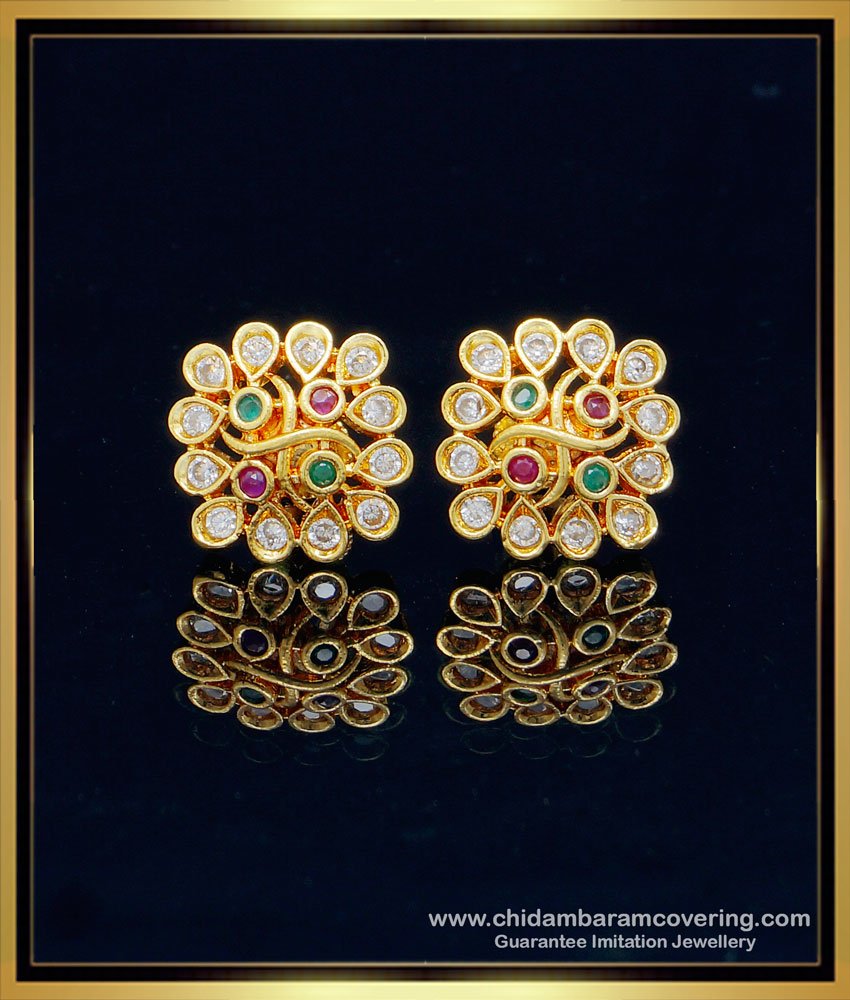 white stone earrings, high quality jewellery, one gram gold jewellery, earrings, ad stone earring, daily use kammal, rarrings below 100, rarrings below 150