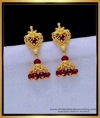 ERG1298 - New Model Jhumkas Red Stone with Red Crystal Small Jhumkas Design 