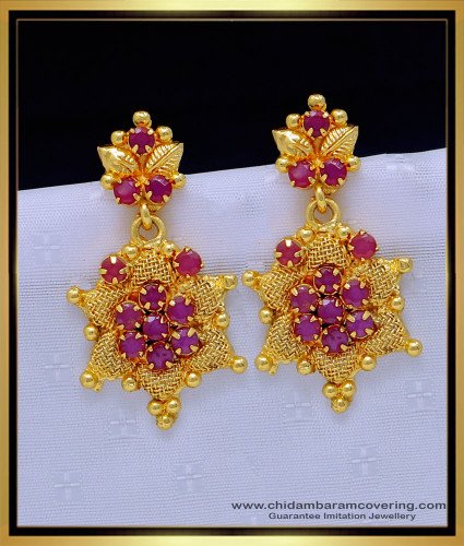 ERG1308 - Latest Net Pattern Ruby Stone Danglers Earrings Gold Plated Guaranteed Jewellery 