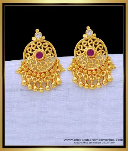 Elegant Gold Plated Ruby and White Stone Stud Earrings