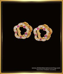 ERG1375 - Unique One Gram Gold White and Ruby Stone Flower Design Hoop Earrings Online 