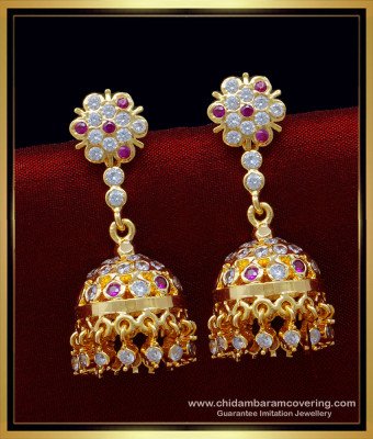 ERG1402 - Latest Impon White and Ruby Stone Bridal Gold Jhumka Design Buy Online