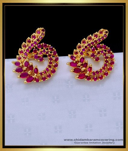 ERG1410 - Unique Party Wear Peacock Design First Quality Ruby Stone Studs Earrings 