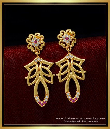 ERG1442 - One Gram Gold Plated White and Ruby Stone Dangler Earrings for Women
