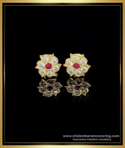 Traditional Impon Big Stud Earring Ruby White Stone ER3429