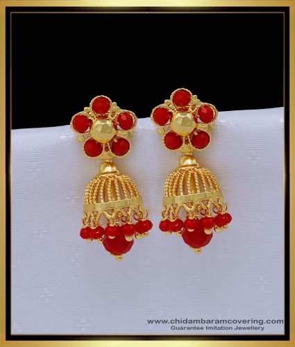 ERG1473 - Traditional South Indian Jewellery 1 Gram Gold Red Crystal Jhumkas Earrings Online