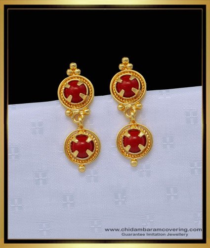 ERG1475 - Trendy Red Coral Earrings One Gram Gold Plated Pavazham Gold Earrings