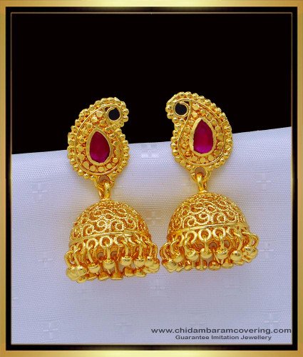 ERG1488 - Latest Bridal Wear Ruby Stone Mango Design One Gram Gold Jhumkas Online 