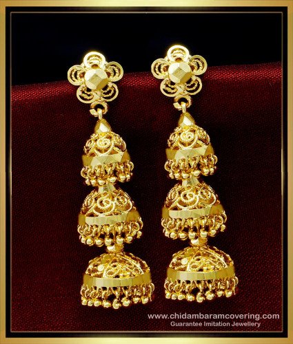 ERG1496 - Traditional Gold Design Triple Jhumka Earrings for Women 