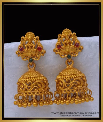 ERG1504 - South Indian Red and Green Stone Lakshmi Temple Jhumkas Artificial Jewelry