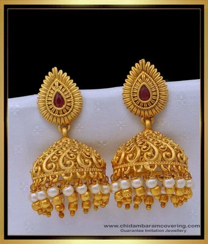 Gold Jhumka Earrings with Emerald Beads