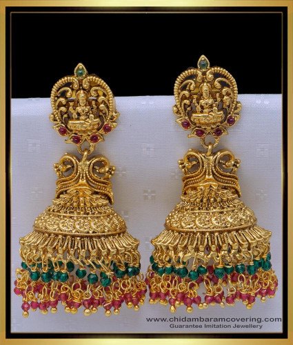 ERG1510 - First Quality Bridal Wear Crystal Beads Big Antique Jhumka Earrings Online Shopping 