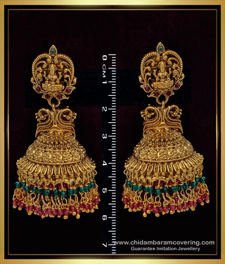 big jhumkas, designer jewellery, latest gold buttalu design, temple buttalu design, temple jhumkas earring, one gram gold jewellery online, nagas jhumkas,