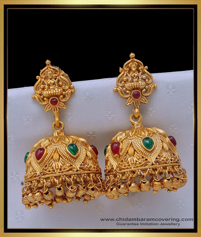 big jhumkas, designer jewellery, latest gold buttalu design, temple buttalu design, temple jhumkas earring, one gram gold jewellery online, nagas jhumkas,