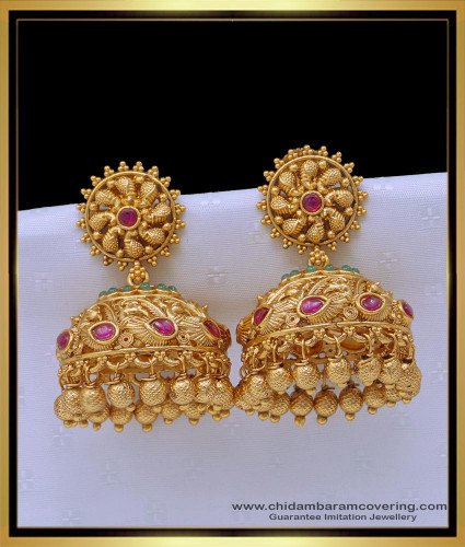 ERG1514 - Premium Quality Real Kemp Stone Antique Jhumka Earrings Gold Design for Wedding 