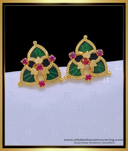 ERG1521 - Trendy Gold Plated Big Size Ruby Stone 3 Green Palakka Earrings for Ladies 