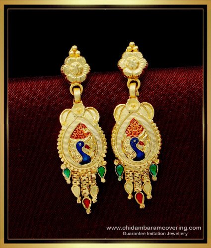 ERG1531 - Attractive Gold Forming Peacock Design Enamel Dangle Earrings for Women