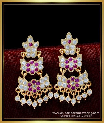 ERG1539 - Traditional Gold Pattern Ruby and White Stone Double Layer Impon Earring Designs