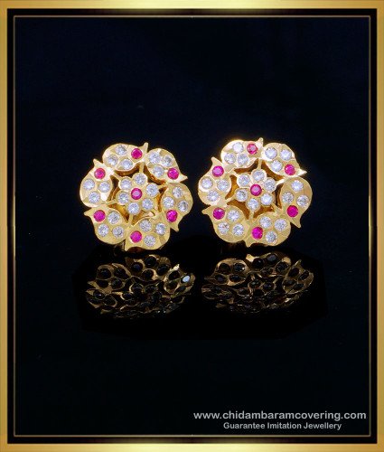 ERG1555 - Impon Five Metal Flower Design White Stone Stud Earrings for Women 
