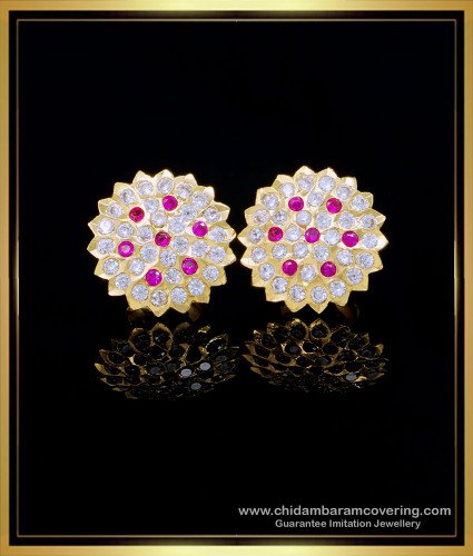 ERG1558 - Traditional Panchaloha Earrings Flower Design White Stone Studs for Women