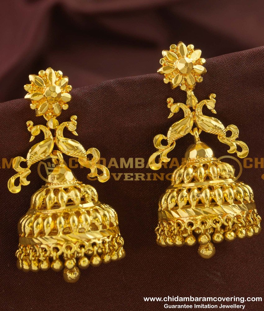 peacock design earring, chidambaram gold covering, big jhumkas, jimiki kammal, jimiki, thodu, puttalu design, gold covering jhumkas, one gram jewellery, 